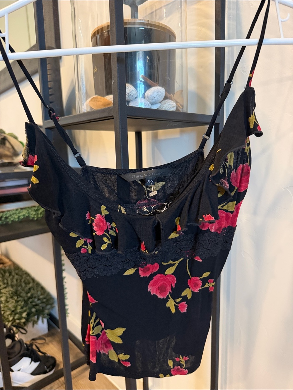 Guess Black Camisole with Pink Floral Embroidery